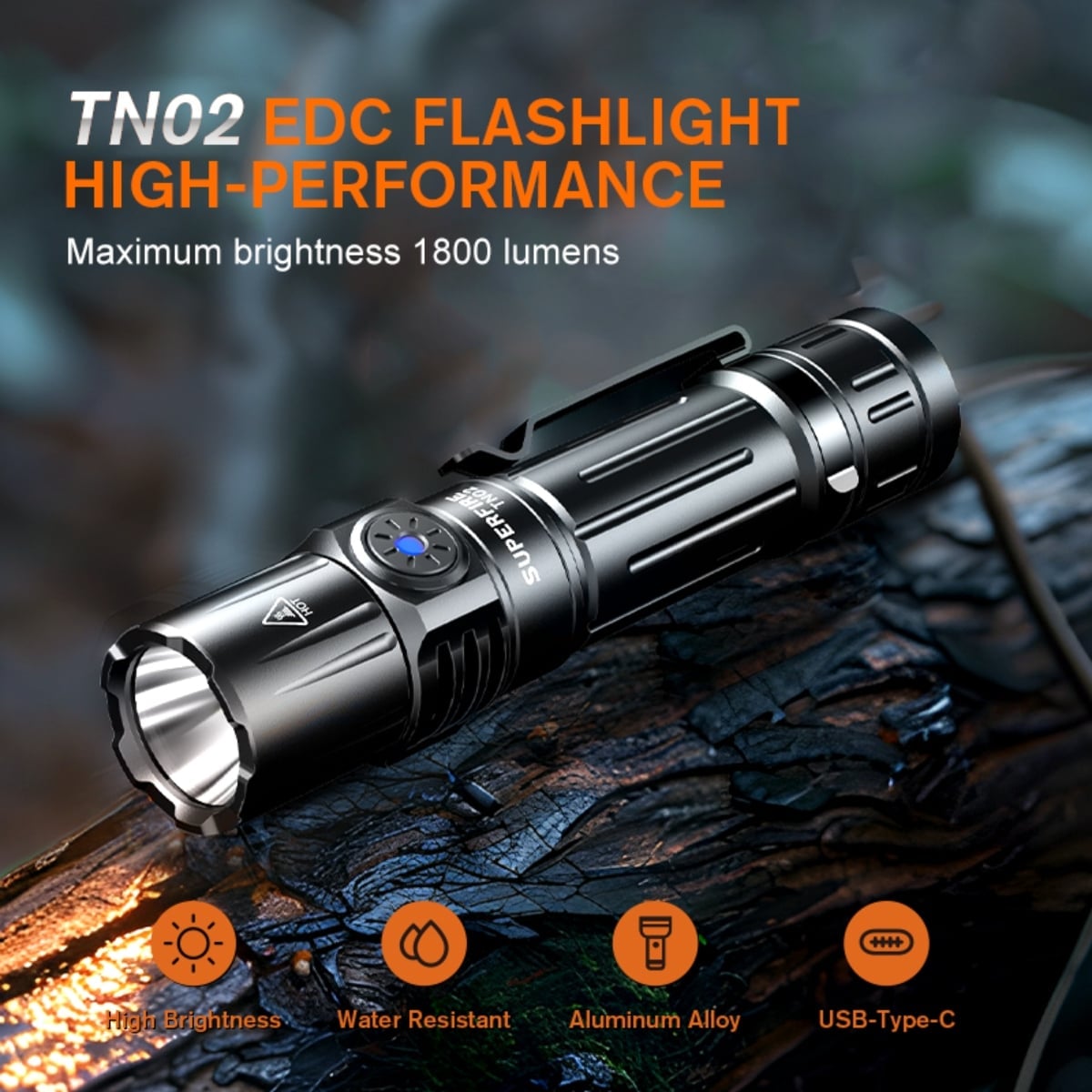 SUPERFIRE TN02 EDC flashlight illuminating a dark path